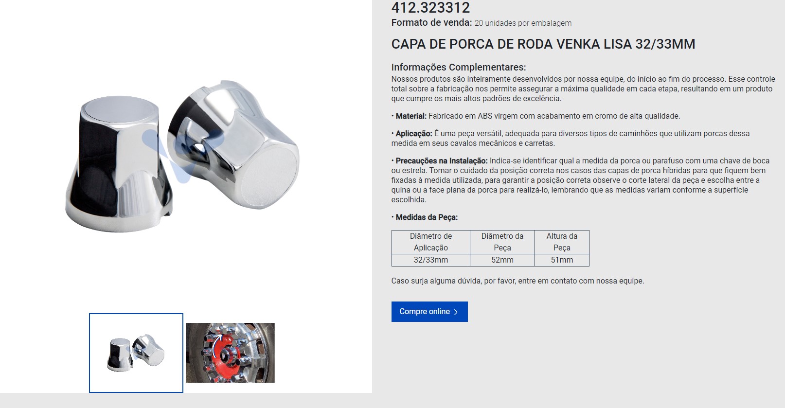 TAPA DE TUERCA DE RUEDA VENKA 32MM Y 33MM CROMADO LISA VENKA                                                                                          