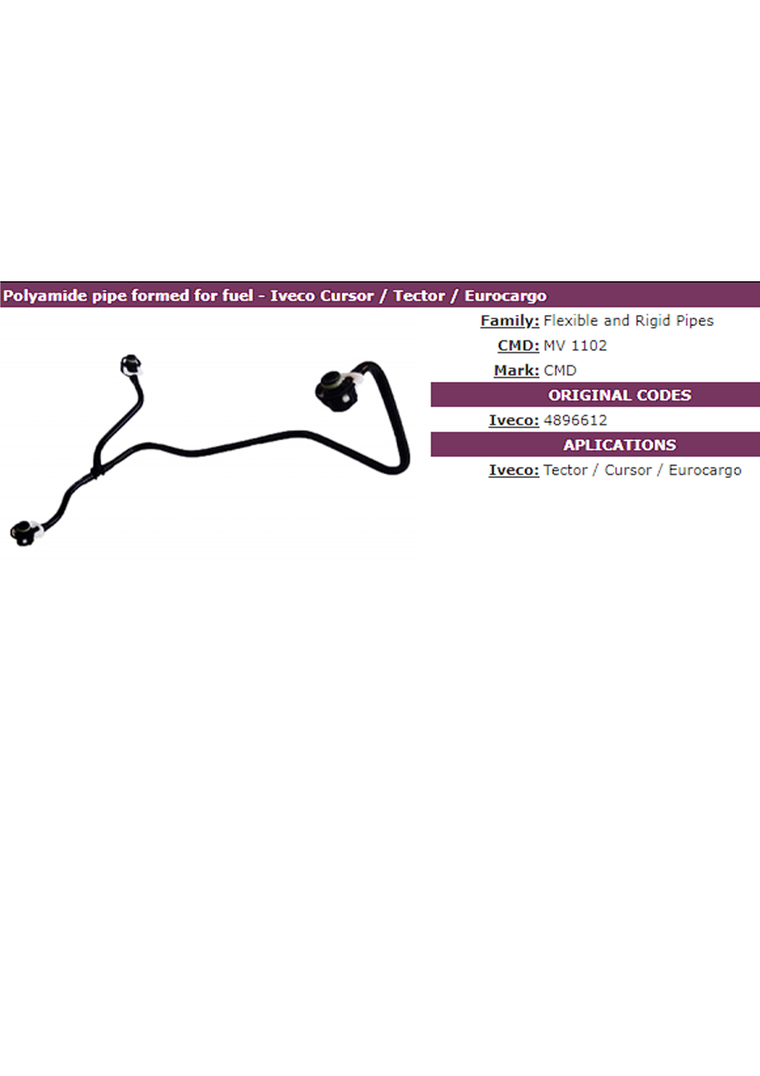 TUBO CAÑO RETORNO DE COMBUSTIBLE IVECO 4896612 CMD ARGENTINA                                                                                          