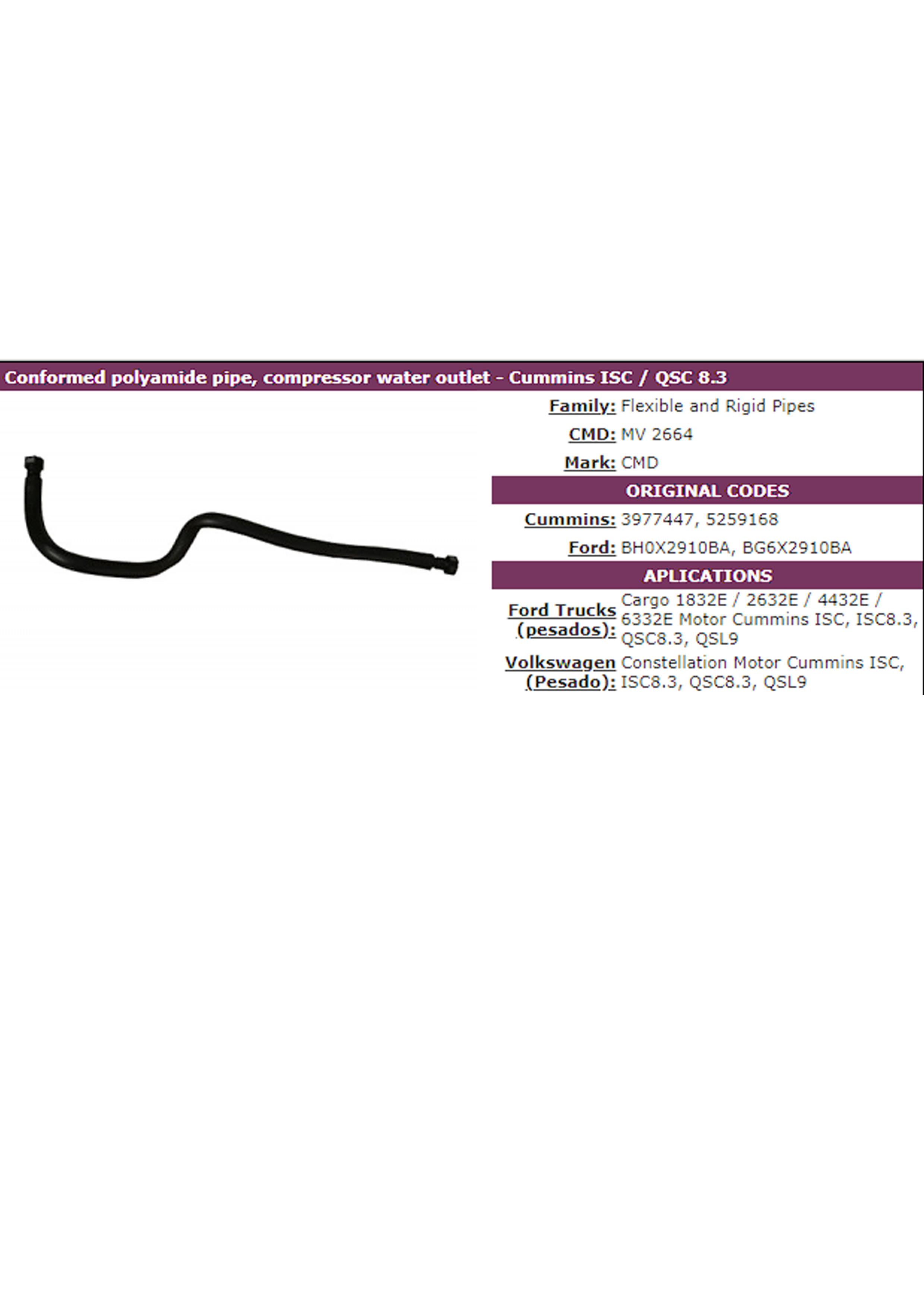 TUBO CAÑO POLIAMIDA SALIDA DE AGUA COMPRESOR CUMMINS ISC 8.3 CONSTELLATION CARGO 1832E/2632E CMD ARGENTINA                                            