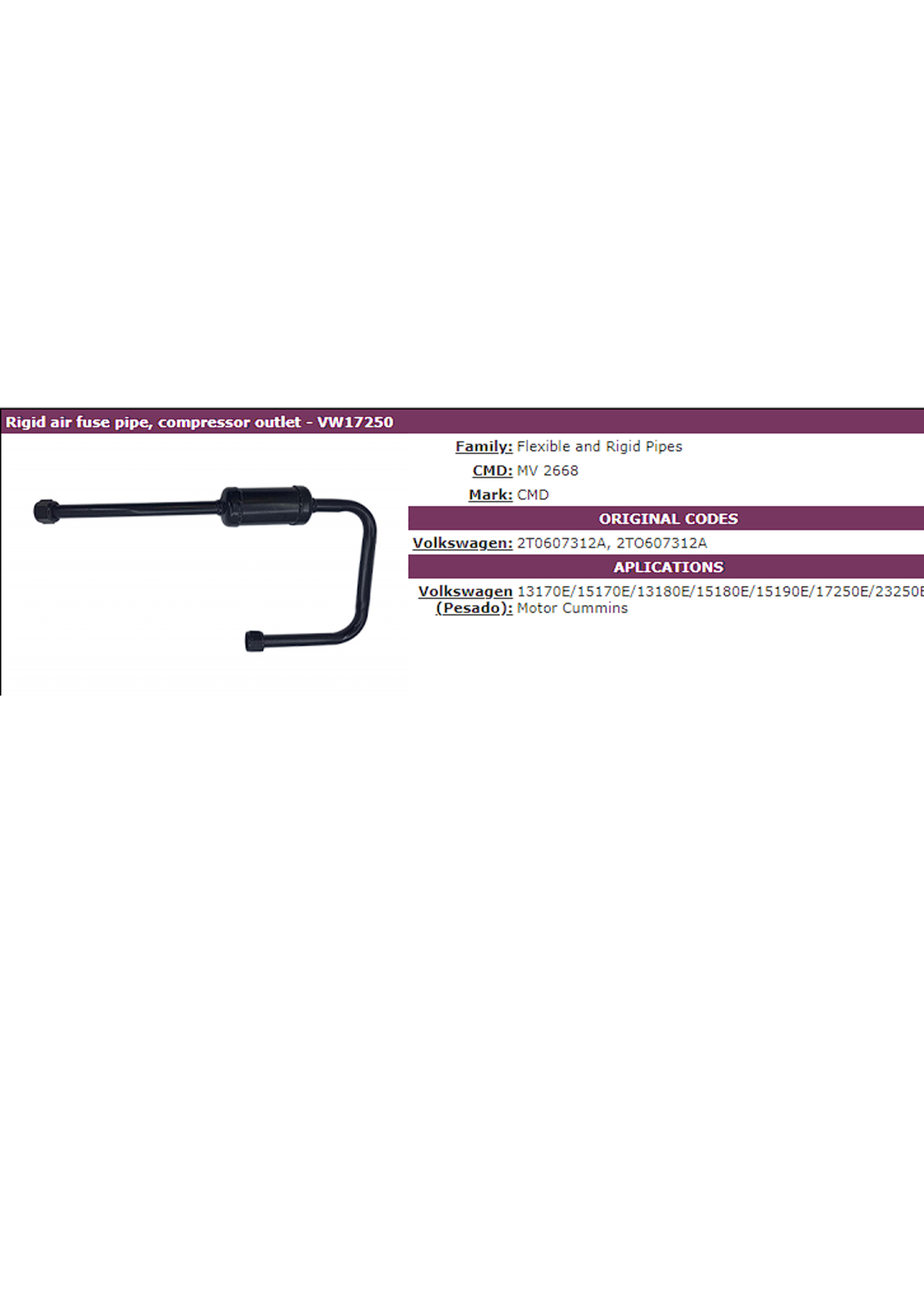 TUBO CAÑO FUSIBLE DE AIRE RIGIDO SALIDA COMPRESOR 17250E 2T0607312A 2TO607312A CMD ARGENTINA                                                          