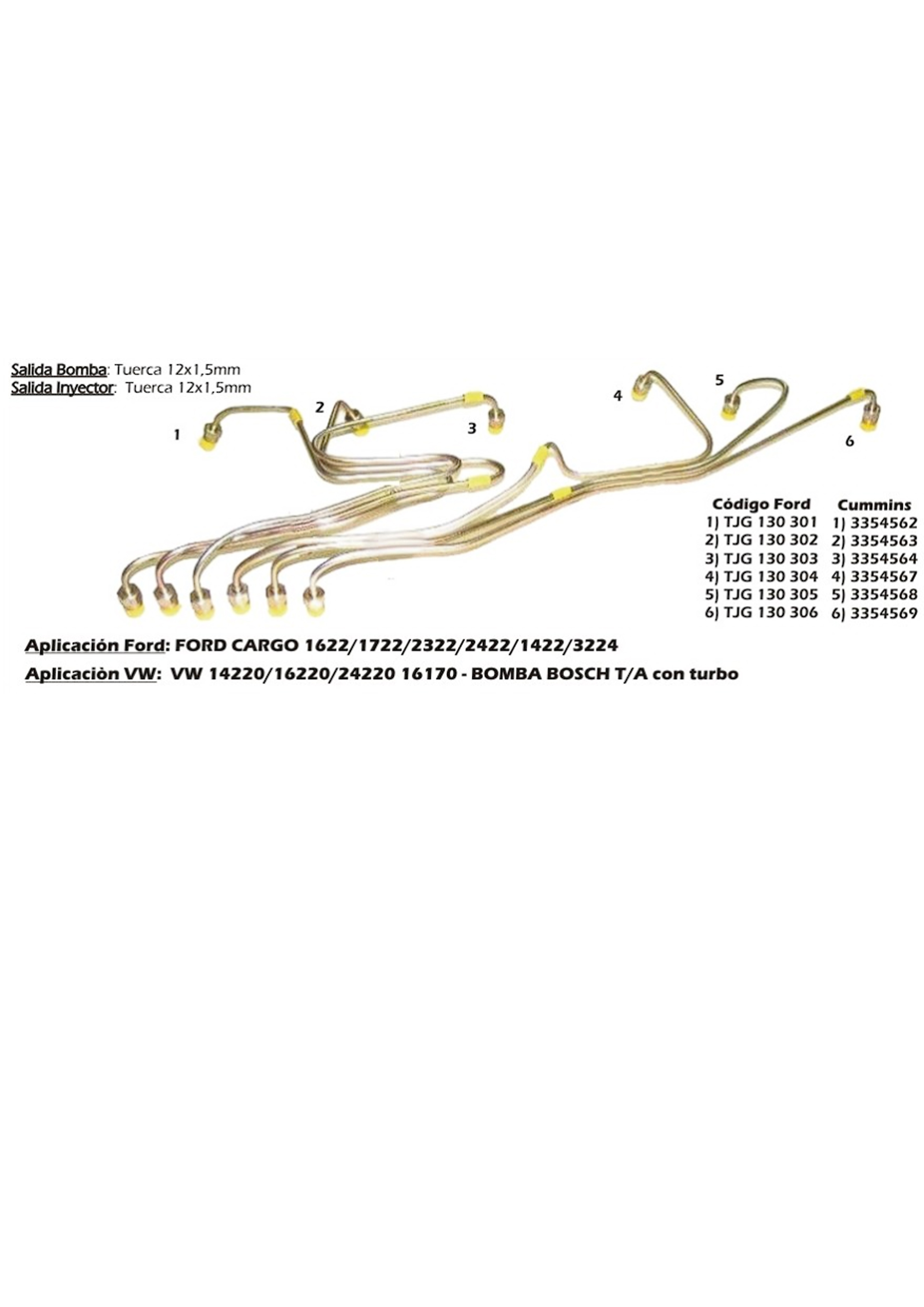 KIT CONJUNTO CAÑOS TUBERIAS DE INYECCION CUMMINS 6CT 8.3 FORD VW TODOS ROSCA 12X1.5 CMD ARGENTINA                                                     