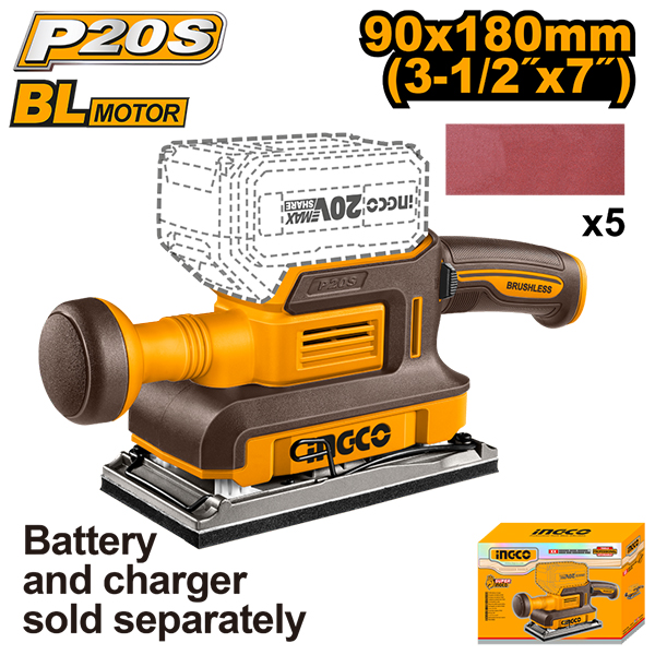 LIJADORA ORBITAL + 5 LIJAS A BATERIA BRUSHLESS MOTOR 20V P20S SIN BATERIA SIN CARGADOR INGCO                                                          
