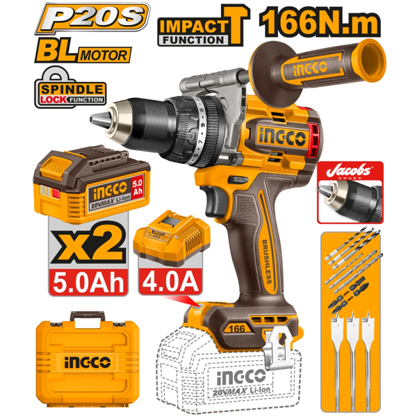 TALADRO ATORNILLADOR PERCUTOR 166NM 20V P20S + 2 BATEERIAS 5.0AH + CARGADOR + ACCESORIOS                                                              
