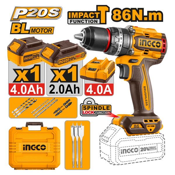 TALADRO ATORNILLADOR PERCUTOR A BATERIA 20V P20S BRUSHLESS 86NM CON 2 BATERIAS INGCO                                                                  