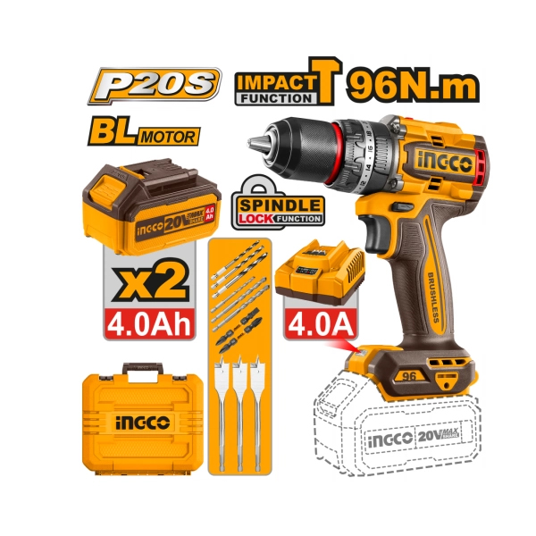 TALADRO ATORNILLADOR PERCUTOR CON 2 BATERIAS 1 CARGADOR 20V 920S 96MN BRUSHLES                                                                        