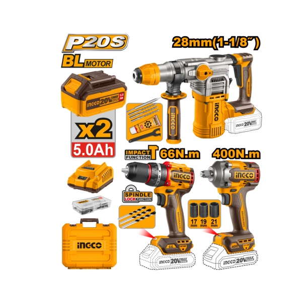 KIT COMBO 3 PIEZAS A BATERIA ROTOMARTILLO + LLAVE IMPACTO + TALADRO ATORNILLADOR INGCO P20S 20V                                                       