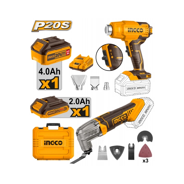 KIT PISTOLA DE CALOR + HERRAMIENTA MULTIFUNCION CON CARGADOR Y BATERIA 20V P20S                                                                       