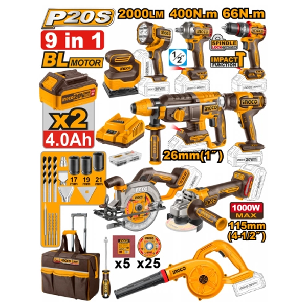KIT A BATERIA 9 EN 1 TALADRO ATORNILLADOR CON PERCUTOR 13 MM + LLAVE IMPACTO 400NM + AMOLADORA                                                        