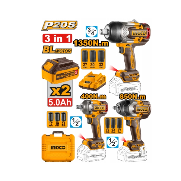 KIT COMBO A BATERIA P20S 3 LLAVES IMPACTO 3/4 PULGADAS 1350NM +1/2 PULGADA 850NM + 1/2 PULGADA                                                        