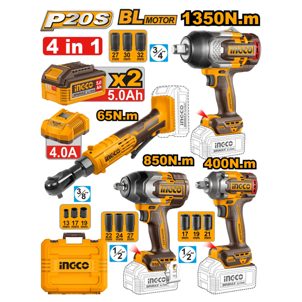 KIT COMBO A BATERIA P20S 3 LLAVES DE IMPACTO 3/4 1350NM + 1/2 850NM +1/2                                                                              
