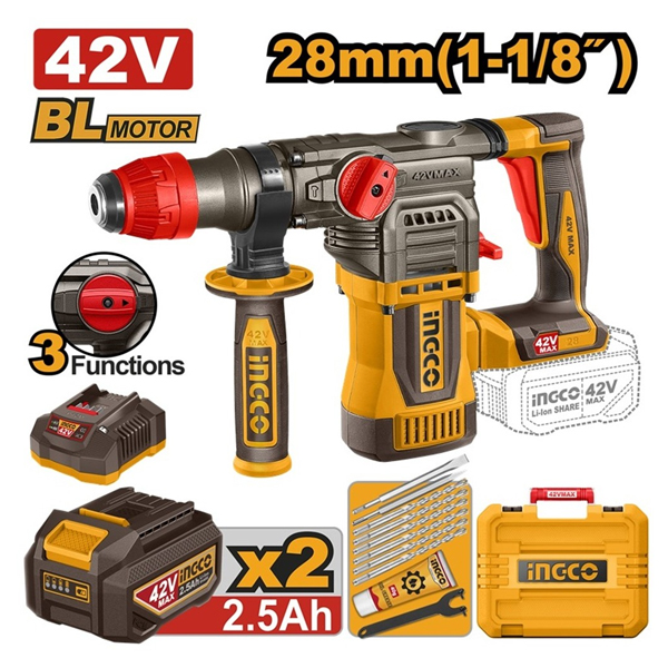 ROTOMARTILLO A BATERIA 42V SDS PLUS 2.5J + 6 MECHAS + 2 CINCEL + 2 BATERIAS INGCO                                                                     