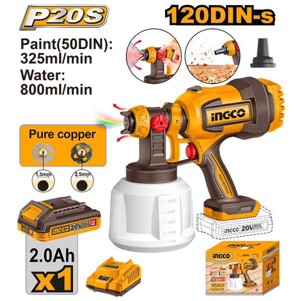 PISTOLA PARA PINTAR A BATERIA P20S 20V + BATERIA + CARGADOR + ACCESORIO INGCO                                                                         
