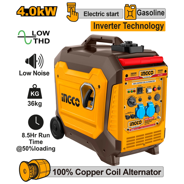 GENERADOR INVERTER 4.0 KW GASOLINA BAJO RUIDO ARRANQUE ELECTRICO INGCO                                                                                