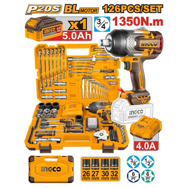 SET LLAVE DE IMPACTO 3/4 CON BATERIA + CARGADOR + 126 ACCESORIOS 1350NM 20V                                                                           