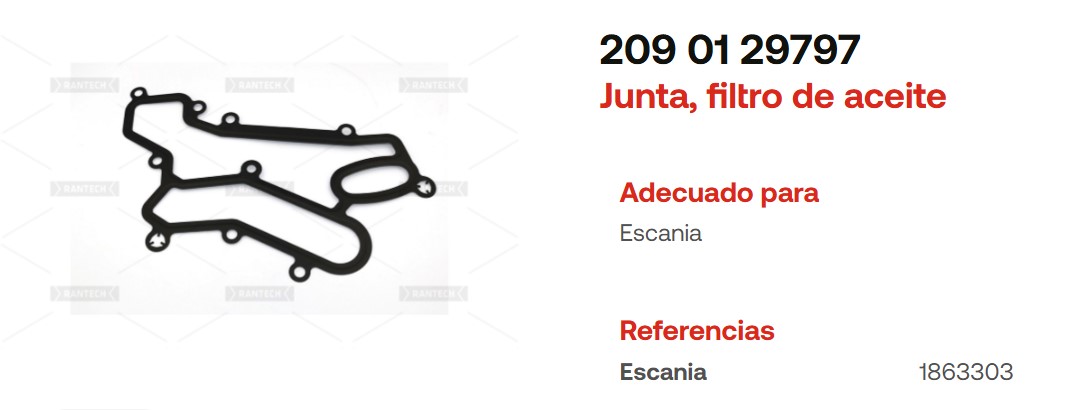 JUNTA FILTRO ACEITE SCANIA OEM 1863303 RANTECH 2090129797                                                                                             