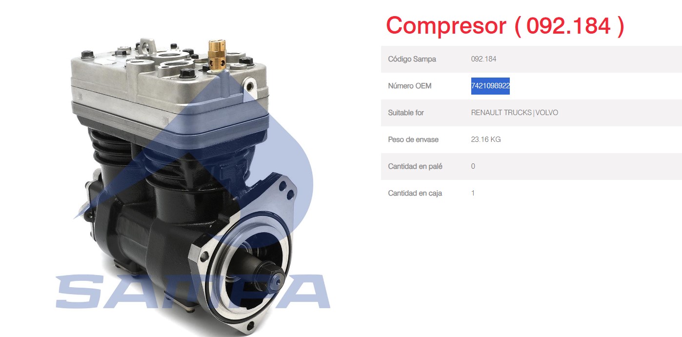 COMPRESOR AIRE VOLVO RENAULT MIDLUM DXI VOLVO BUS  OEM LK4954 - K002183 - K010866 - 7421098922 - 7485003045 - 21101027 - 21040143 - 21457378 - 01.04.1