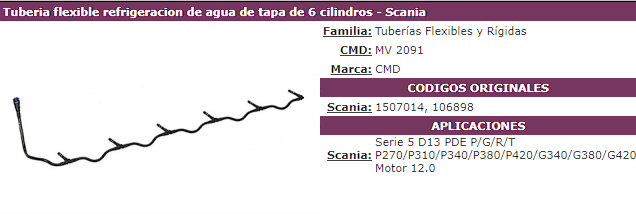 TUBO CAÑO FLEXIBLE REFRIGERACION DE AGUA DE TAPA DE 6 CIL - SCANIA  1507014 CMD ARGENTINA                                                             